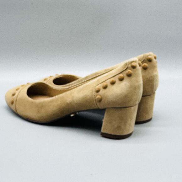 Tory Burch Shoes Womens 5.5 Beige Suede Pumps Colt Studded Round Toe Block Heels - Picture 5 of 11